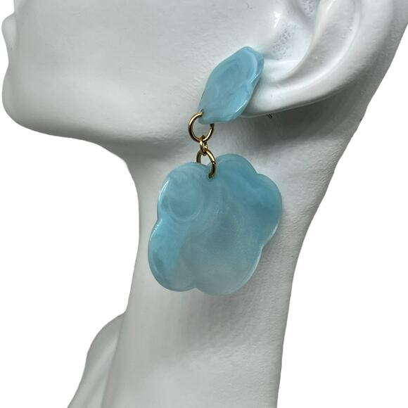 Vtg Aqua Blue Flower Drop Earring Post Back Gold Tone Marbled Acrylic Statement - Picture 4 of 8